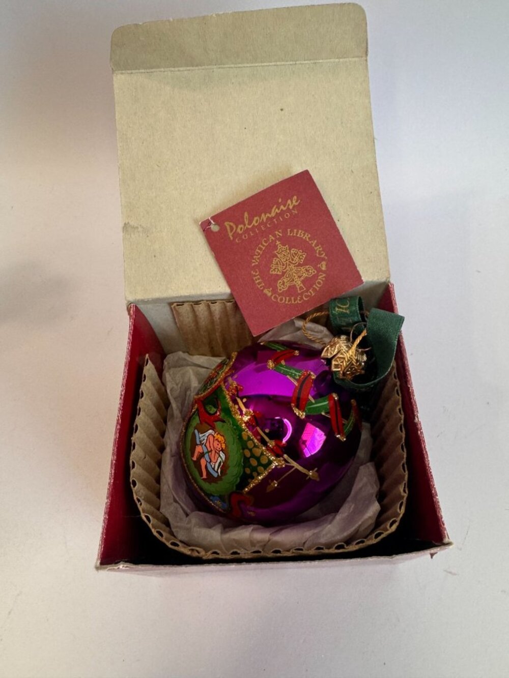 Polonaise Vatican Library Cherub Angel Purple Glass Ornament 4" Boxed - Picture 8 of 8